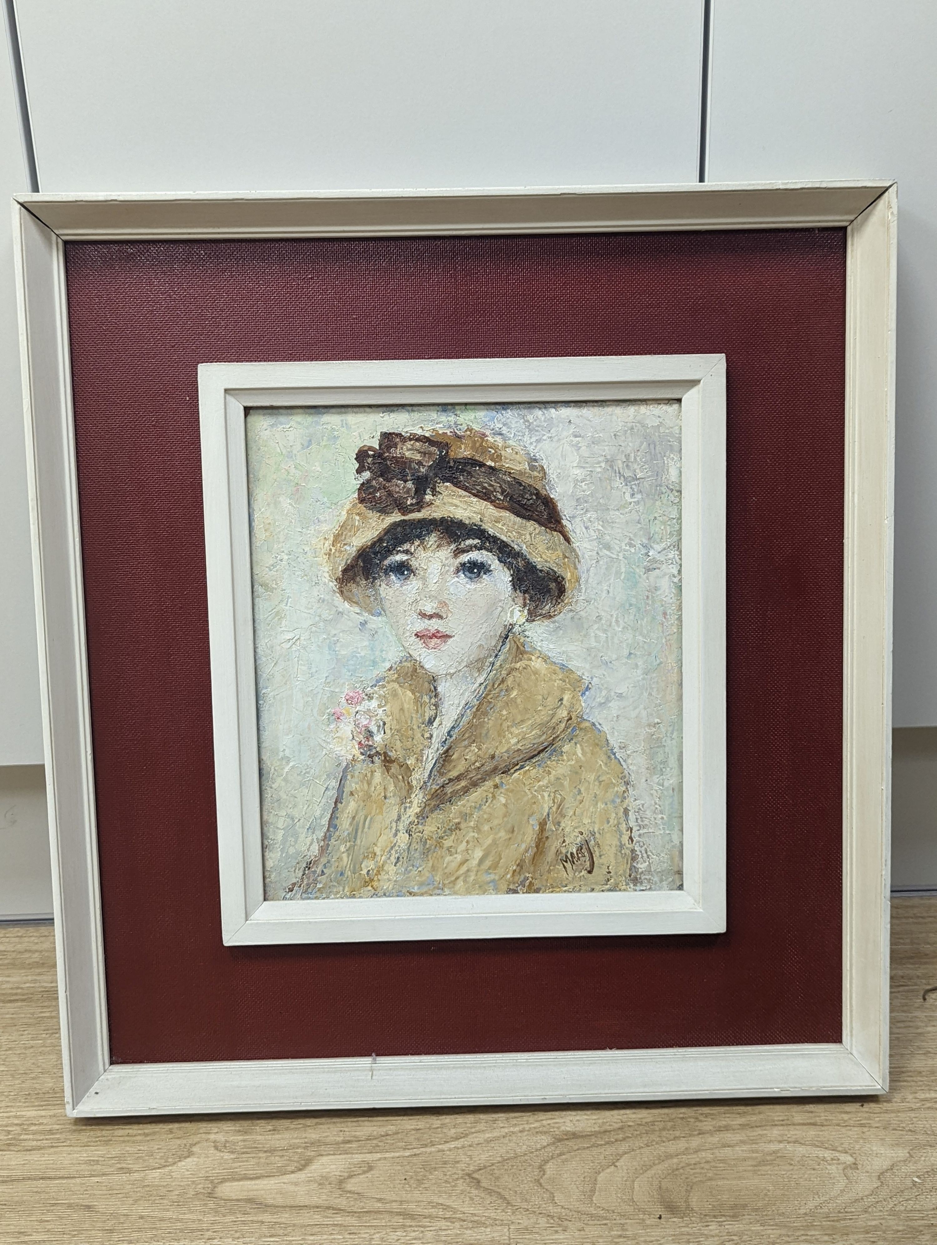 Modern British, Oil on board, mid 20th century Portrait of a lady, signed Marj, 27 x 23.5cm